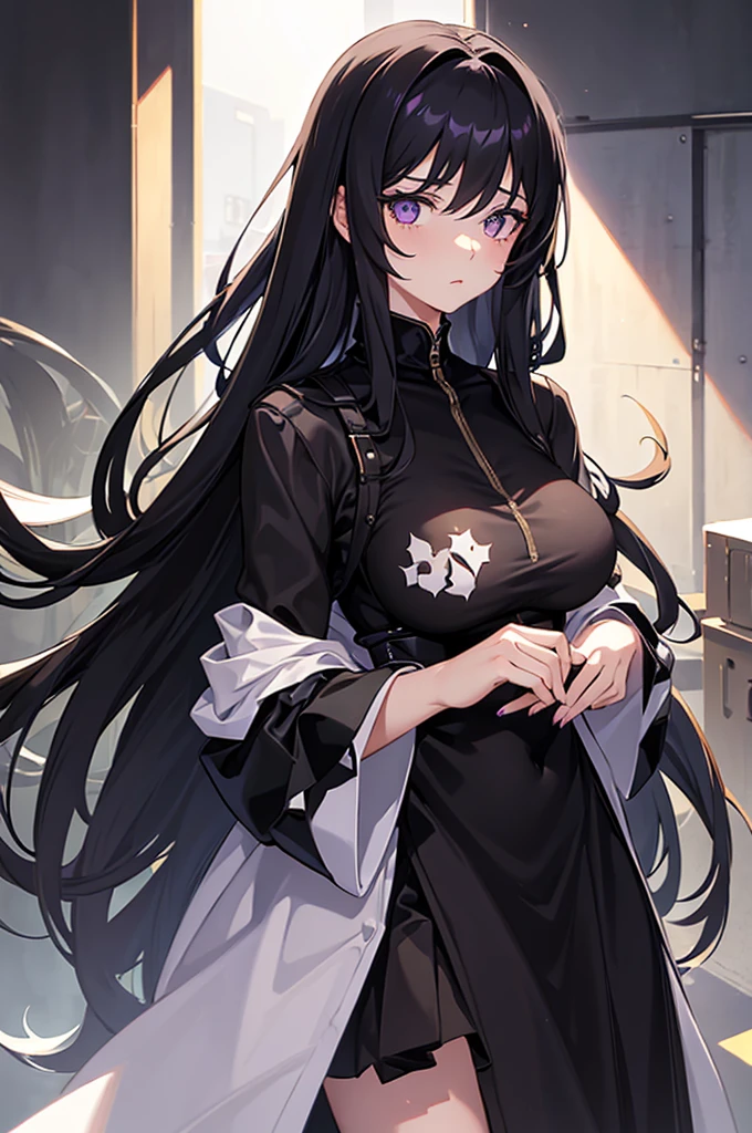 A girl,Black long hair,Dissemination,Lilac pupils,Big breasts,20 years old,Humanity,A bit dull,mild,Dress conservatively