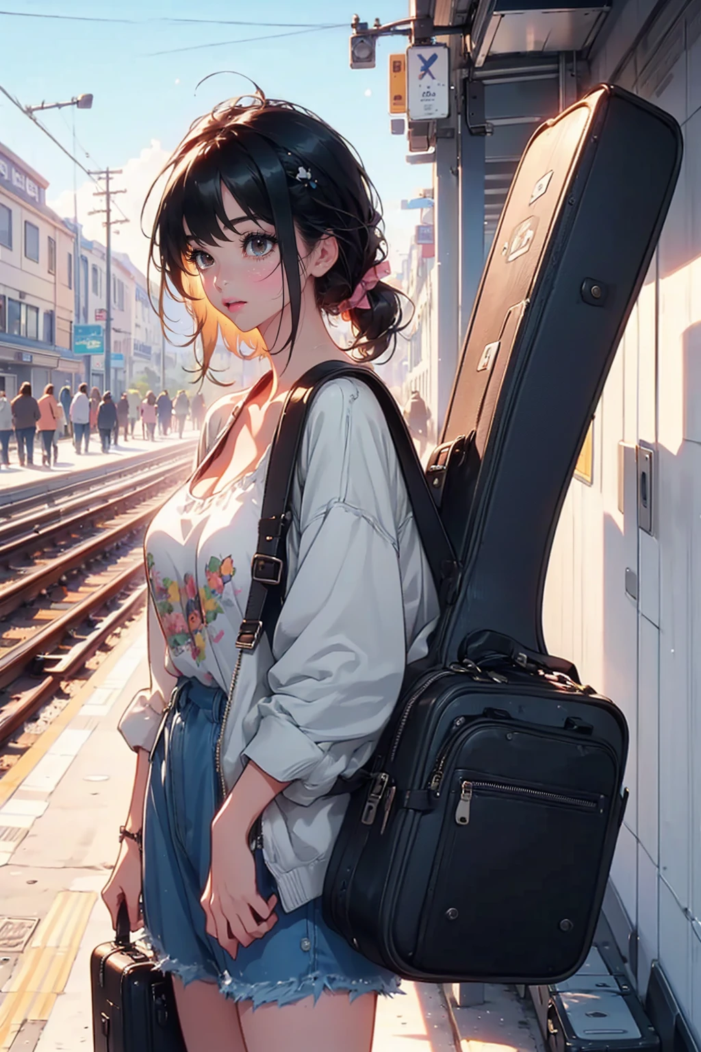 1girl,solo,cool,bigbreast,cleavage,train platform,morning,sunshine,she has a guitar case, carrying a guitar case on behind,casual clothes