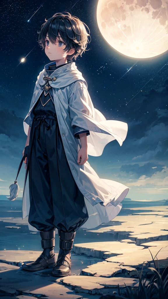 Create a serene, nocturnal landscape where billowing clouds fill the sky. The scene is illuminated by countless stars, and a boy stands beside his faithful dog, gazing up at a luminous, full moon. The soft, dreamy atmosphere captures a sense of wonder and companionship under the vast night sky.