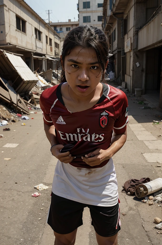 make a 3d photo of a person with a stupid look, a big head split horizontally to the side, his head looks empty because it doesn't contain a brain, his tongue is sticking out long, his snot is running down, his face is dirty, he is standing in a dirty rubbish dump, wearing a dirty AC Milan club costume  and torn.  there was writing: "Saya Komedo, wajar ga ada otak" cinematic effect, dramatic, bloom effect, 3D