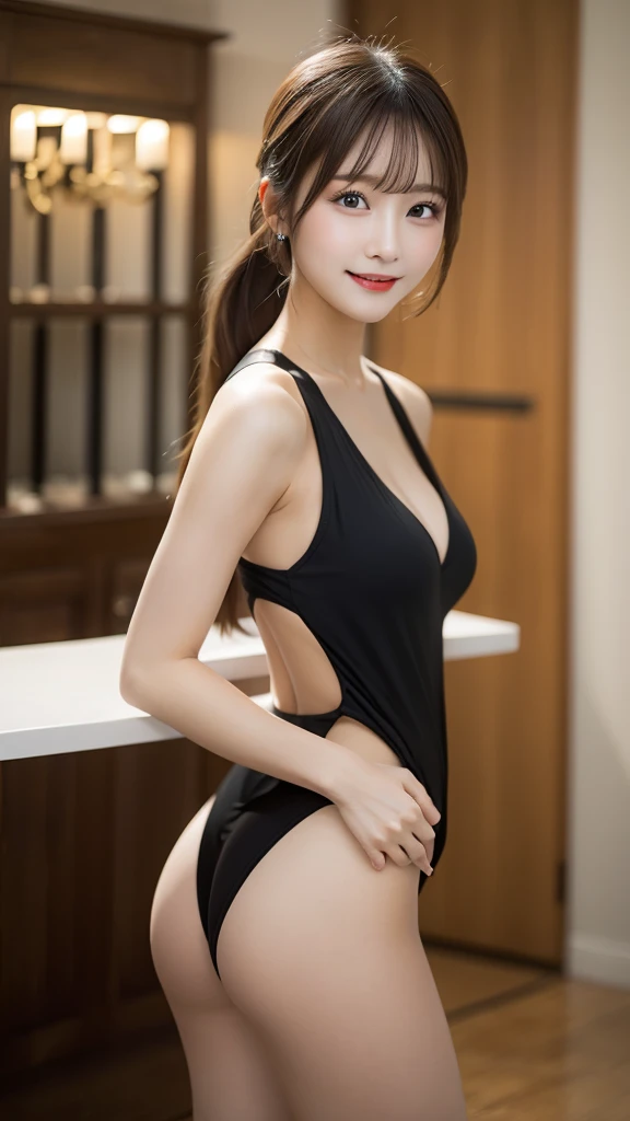 Tabletop, Highest quality, Very detailed, In detail, High resolution, 8k wallpaper,Japanese、 Perfect dynamic composition, Beautiful attention to detail, Summer fashion for women,ponytail,Big ample breasts、Natural color lip, Bold sexy pose,smile,20-year-old girl、cute、sexy shot looking at camera、