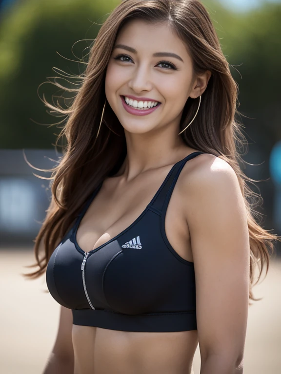 Highest quality, masterpiece, 8K, Ultra-high resolution, (Realistic:1.4), 1 Girl、Beautiful expression、Symmetrical eyes、Small breasts、Perfect Body Proportions、Training wear、Sports Bra、Play sports often、Unbutton the chest、Laughter、Looking at the audience、Outdoor、Arena、Long legs(1.3)、Dark brown long hair、smile、