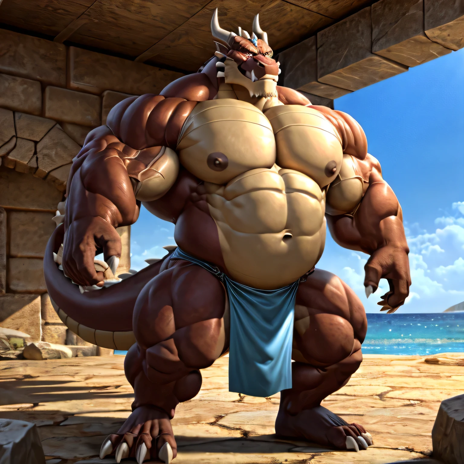 the dragon slayer, eastern dragon warrior, male dragon, hefty body, with very big muscles, hulking, huge, colossal body, extremely strong, huge abdominal muscles, hefty abs, pecs, plump big muscle abs, Strong and robust muscle abs, daddy body muscle-gut abs, massive prominent muscle abs, sharp claws, legs, feet, full body, loincloth, nipples, 4k, best quality.