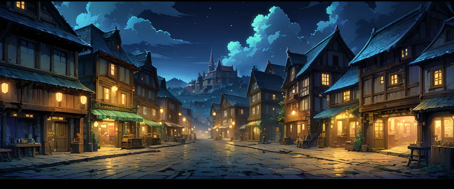 town，欧洲中世纪的town。night，Night view。Mid-ground composition，Panorama pictures，Scene screen，Game concept art style，Anime illustration style，HD，4K。