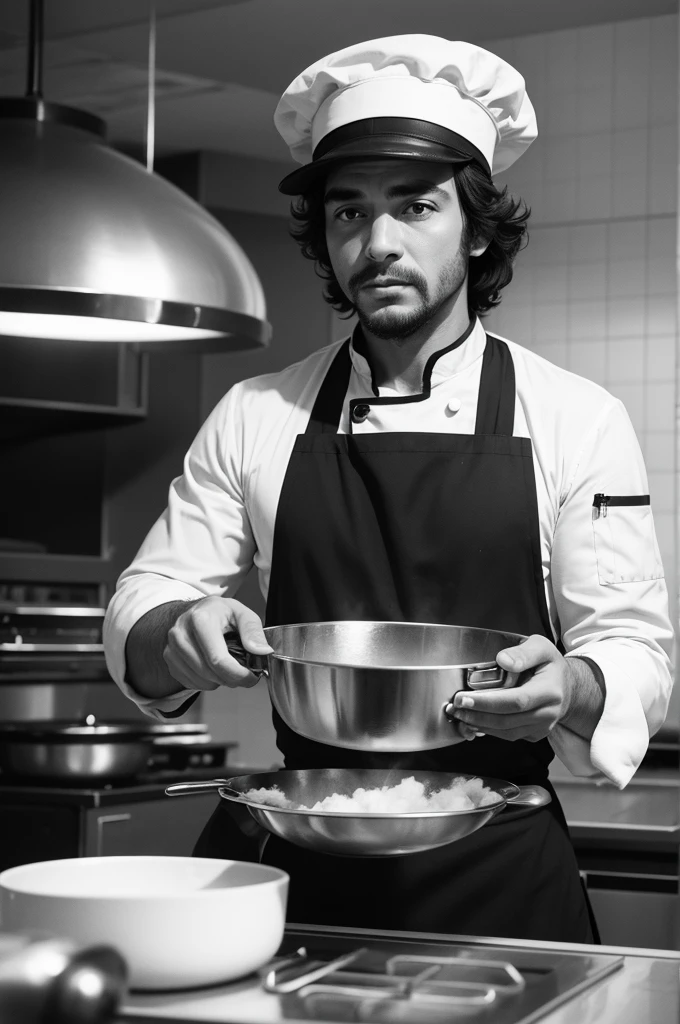 Image of man cooking in a 70s restaurant, black and white image, man with chef hat