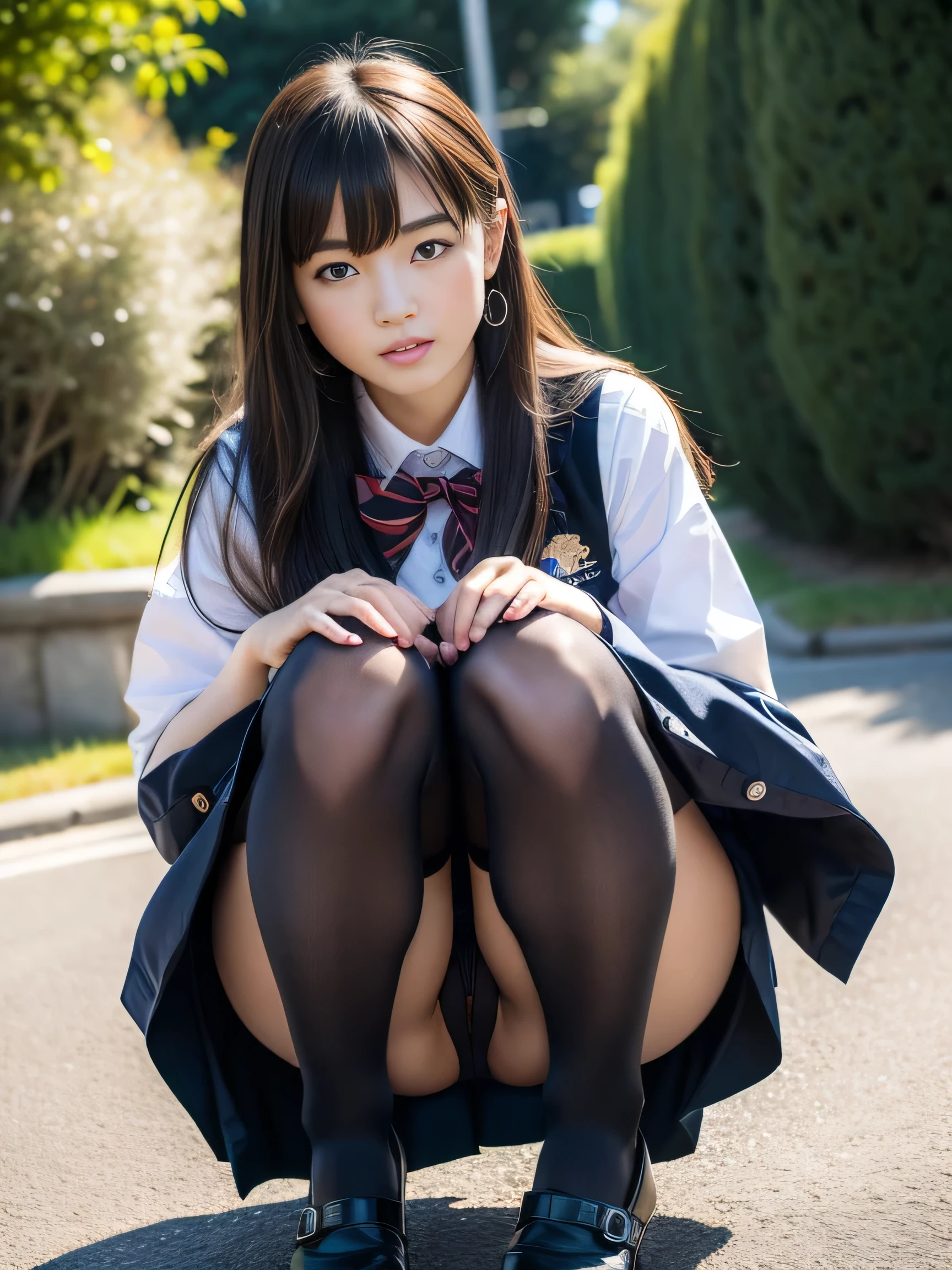 ulzzang-6500-v1.1, (raw photo:1.2), (photorealistic:1.4), beautiful detailed girl, very detailed eyes and face, beautiful detailed eyes, ridiculous, incredibly ridiculous, huge file size, super detailed, high resolution, very detailed, best quality, masterpiece, kemomimi, ((Japanese girls' high school uniform)), illustration, very detailed, CG, unified, 8k wallpaper, amazing, Fine details, masterpiece, best quality, very detailed CG uniform 8k wallpaper, light on face, cinematic lighting, 1girl, , ((no panties)), ((dynamic pose))), (camel toe), (half), (pantyhose), (knee-bending leg sitting))、girl bent down, squatting down, holding viewers hand, grabbing pussy with other hand, peeing in forward direction;1,5, gaping open mouth:1,5, aroused, eyes closed hard:1,7, clenched teeth, hands grabbing in air, orgasm face, (((peeing))), (((pee going forward))), (((pee puddle on ground))), short body:1,5,perfect round small ass,