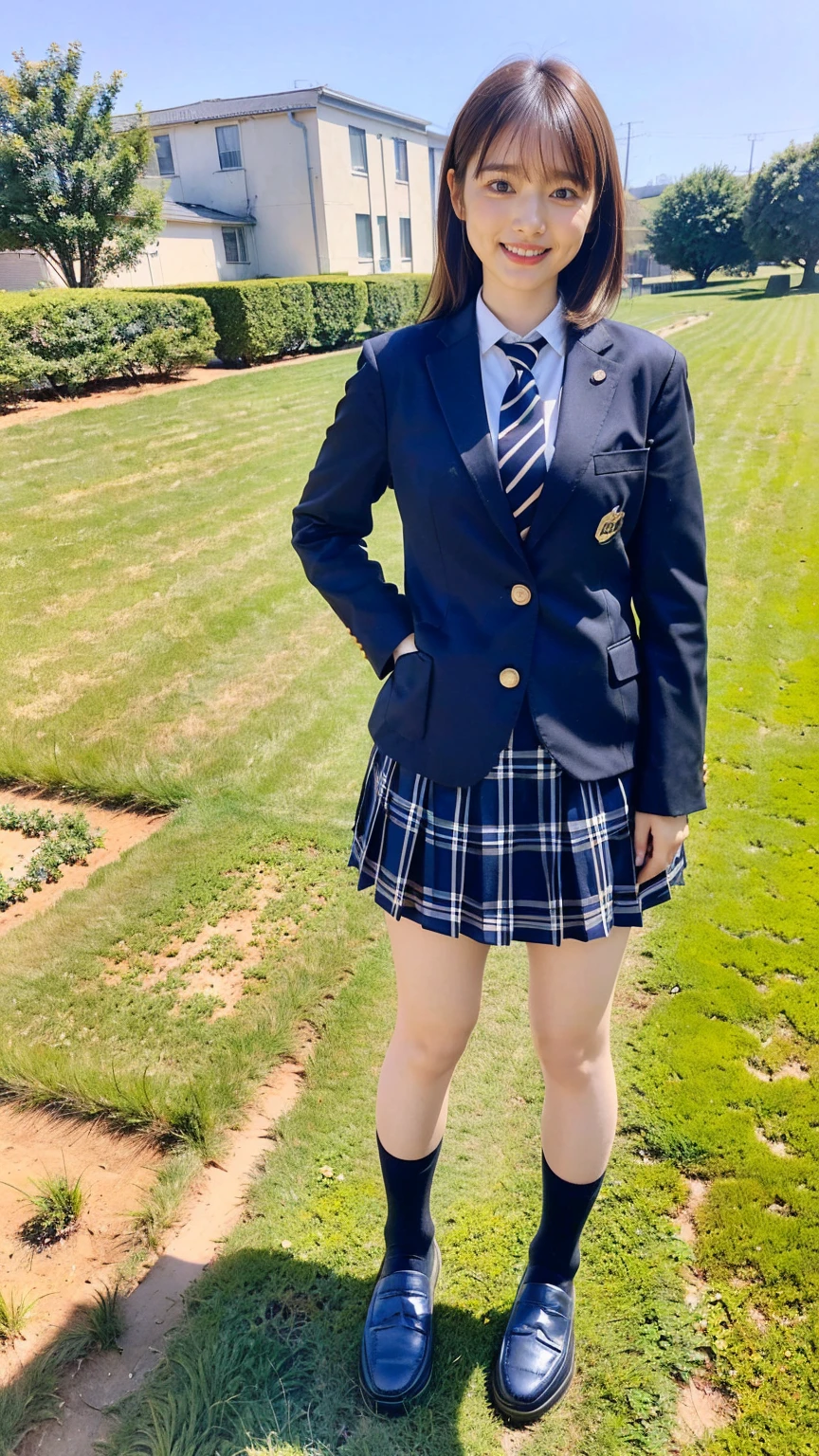 (8K、RAW Photos、Highest quality、masterpiece:1.2)、(Realistic、Realistic)、1 Girl、((Black Check Mini Skirt、High School Uniform、smile、blazer、Navy Socks、loafers、Medium Hair、garden、View from the front、Looking into the camera、Stand with hands on hips))、cute