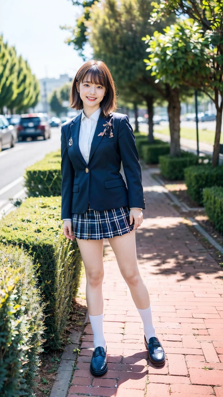 (8K、RAW Photos、Highest quality、masterpiece:1.2)、(Realistic、Realistic)、1 Girl、((Black Check Mini Skirt、High School Uniform、smile、blazer、Navy Socks、loafers、Medium Hair、garden、View from the front、Looking into the camera、Stand with hands on hips))、cute