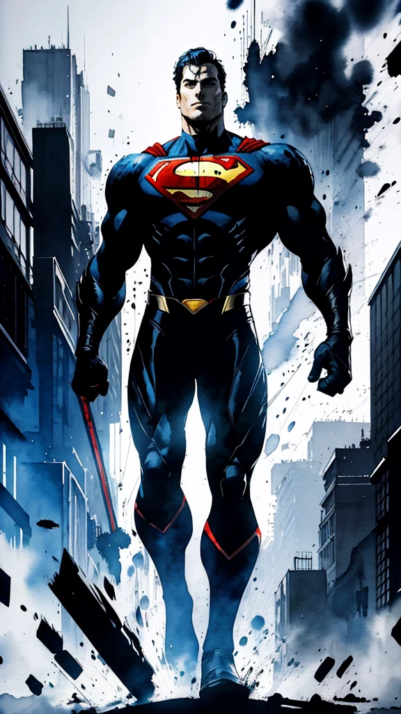 Evil Superman, closed mouth, lasers from eyes, looking at viewer, full body covered in black suit from syndercut, standing pose, powerful aura, from below, fantasy, high contrast, ink strokes, explosions, over exposure, impression , abstract, ((watercolor painting by John Berkey and Jeremy Mann)), brush strokes, negative space, good anatomy, good proportions, good architecture, realistic:1.25, cantered, high detail, high resolution, 8k, stunning, mascular body, Style-Hamunaptra:0.4,