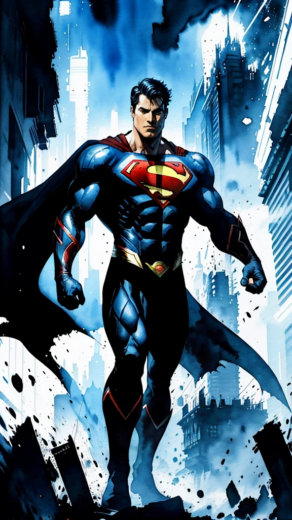 Evil Superman, closed mouth, lasers from eyes, looking at viewer, full body covered in black suit from syndercut, standing pose, powerful aura, from below, fantasy, high contrast, ink strokes, explosions, over exposure, impression , abstract, ((watercolor painting by John Berkey and Jeremy Mann)), brush strokes, negative space, good anatomy, good proportions, good architecture, realistic:1.25, cantered, high detail, high resolution, 8k, stunning, mascular body, Style-Hamunaptra:0.4,