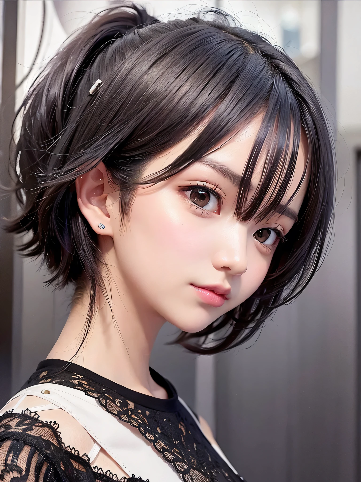 One Girl,(1人のとてもcute女の子:1.3),masterpiece,Highest quality,High resolution,From below,Low - Angle,Photorealistic,RAW Photos,Ray Tracing,beautiful girl,(:1.3),cute,Big eyes,(detailed pupils:1.2),(The face is facing forward:1.3),Cute nose,Beautiful nose,Upturned nose,Fuller lips,Short black hair,ponytail,short hair,Detailed eyelashes,Thin eyebrows,Very fine grain definition,(Symmetrical eyes:1.3),(Face close-up,Face Focus:1.0),Small breasts,Short neck,Off the shoulder,People emerge,Dark Background,forest,Portrait,View Viewer,Upper Body,Cinema Lighting,High resolution,Very detailed