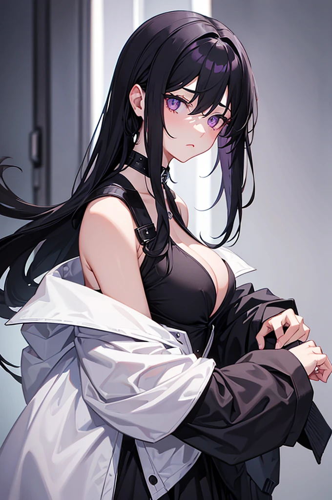 A girl，Black long hair，High Ponytail，Lilac pupils，Big breasts，20 years old，Humanity，A bit dull，mild，Dress conservatively