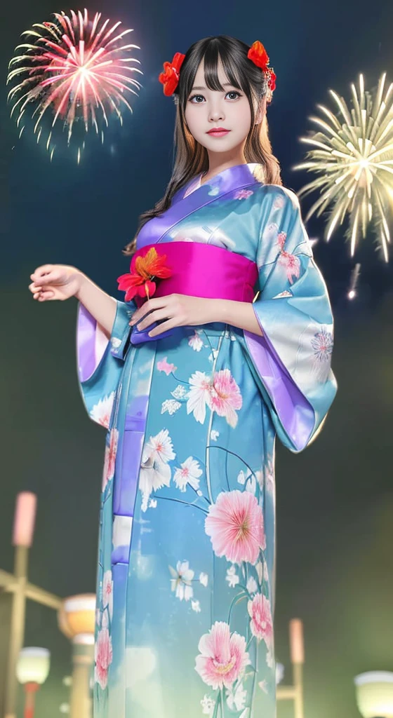 top-quality、masterpiece、超A high resolution、(Photorealsitic:1.4)、Raw photo、Detailed CG image quality、cyberpunked、(Fireworks Festival:1.4)、Beautiful fece、1girl in、japanes、18year old、(blue eyess:1.2)、pink lipsticks、A smile、(Silvery head hair:1.4)、skin tanned、(Hair Ornament:1.4)、(bath robe:1.4), (Short-length yukata:1.4)、cleavage of the breast、detailed portrait、8K picture quality、concept-art、Cinematic and dramatic atmosphere、(Shrine of Japan:1.2)、(Japan red and white lanterns:1.2)、Wind chimes、(Festival flag,)、Paper decoration、(3 + Women: 1.4)、foco nítido、Volumetric lighting、Cinematographic lighting、Colorful neon lighting、depth of fields、Ambient lighting、Blurred foreground、blurry backround:1.3、(8mm fisheye lens:1.4)、(Angle from directly below:1.4)、(The whole body is visible:1.4)、