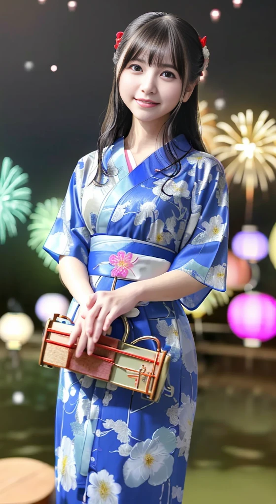 top-quality、masterpiece、超A high resolution、(Photorealsitic:1.4)、Raw photo、Detailed CG image quality、cyberpunked、(Fireworks Festival:1.4)、Beautiful fece、1girl in、japanes、18year old、(blue eyess:1.2)、pink lipsticks、A smile、(Silvery head hair:1.4)、skin tanned、(Hair Ornament:1.4)、(bath robe:1.4), (Short-length yukata:1.4)、cleavage of the breast、detailed portrait、8K picture quality、concept-art、Cinematic and dramatic atmosphere、(Shrine of Japan:1.2)、(Japan red and white lanterns:1.2)、Wind chimes、(Festival flag,)、Paper decoration、(3 + Women: 1.4)、foco nítido、Volumetric lighting、Cinematographic lighting、Colorful neon lighting、depth of fields、Ambient lighting、Blurred foreground、blurry backround:1.3、(8mm fisheye lens:1.4)、(Angle from directly below:1.4)、(The whole body is visible:1.4)、
