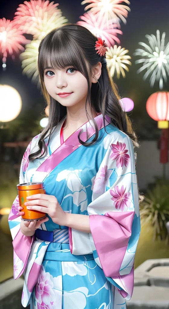 top-quality、masterpiece、超A high resolution、(Photorealsitic:1.4)、Raw photo、Detailed CG image quality、cyberpunked、(Fireworks Festival:1.4)、Beautiful fece、1girl in、japanes、18year old、(blue eyess:1.2)、pink lipsticks、A smile、(Silvery head hair:1.4)、skin tanned、(Hair Ornament:1.4)、(bath robe:1.4), (Short-length yukata:1.4)、cleavage of the breast、detailed portrait、8K picture quality、concept-art、Cinematic and dramatic atmosphere、(Shrine of Japan:1.2)、(Japan red and white lanterns:1.2)、Wind chimes、(Festival flag,)、Paper decoration、(3 + Women: 1.4)、foco nítido、Volumetric lighting、Cinematographic lighting、Colorful neon lighting、depth of fields、Ambient lighting、Blurred foreground、blurry backround:1.3、(8mm fisheye lens:1.4)、(Angle from directly below:1.4)、(The whole body is visible:1.4)、