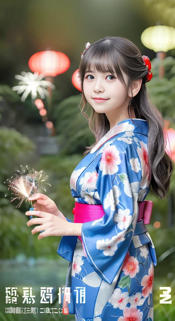 top-quality、masterpiece、超A high resolution、(Photorealsitic:1.4)、Raw photo、Detailed CG image quality、cyberpunked、(Fireworks Festival:1.4)、Beautiful fece、1girl in、japanes、18year old、(blue eyess:1.2)、pink lipsticks、A smile、(Silvery head hair:1.4)、skin tanned、(Hair Ornament:1.4)、(bath robe:1.4), (Short-length yukata:1.4)、cleavage of the breast、detailed portrait、8K picture quality、concept-art、Cinematic and dramatic atmosphere、(Shrine of Japan:1.2)、(Japan red and white lanterns:1.2)、Wind chimes、(Festival flag,)、Paper decoration、(3 + Women: 1.4)、foco nítido、Volumetric lighting、Cinematographic lighting、Colorful neon lighting、depth of fields、Ambient lighting、Blurred foreground、blurry backround:1.3、(8mm fisheye lens:1.4)、(Angle from directly below:1.4)、(The whole body is visible:1.4)、