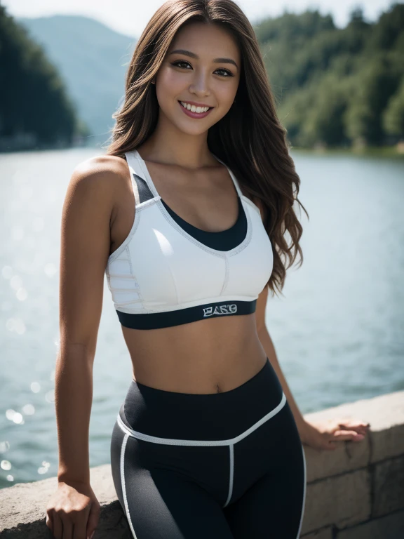 1girl , sport girl , sneakers , leggings , , , (Natural skin texture, Hyperrealism, Natural Light, sharp), (Intricate details:0.9), (High resolution, Ultra-detailed:1.2) thick thighs, Dark brown long hair、smile、Sports Bra、Lakeside background、
