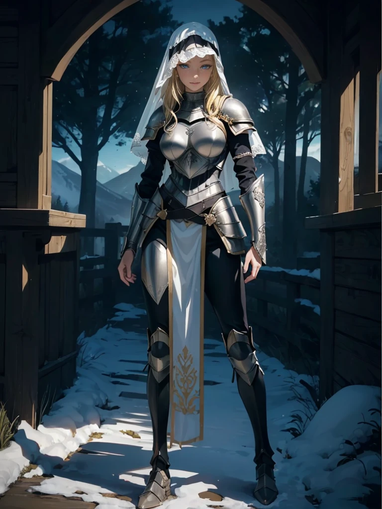 ((1girl, solo)), beautiful body, (perfect anatomy, perfect body, perfect hands, perfect legs), (five fingers:1.5), natural proportions, sexy body, large breasts, cowboy shot BREAK
((extremely detailed face)), (beautiful detailed eyes:1.6), (realistic pupils, realistic iris:1), expressive eyes, looking at viewer, (clear eyes:1.3), (hyperrealistic:1.2), (detailed skin texture:1.2), smooth skin, (blonde hair:1.5), blue eyes, long hair, (detailed lips:1.2), (attractive lips:1.1), (glossy lips:1.1), (grin), perfect face, perfect eyes BREAK
female knight, (veil:1.5), long sleeves, (armor:1.5), (breastplate:1.5), (shoulder armor:1.2), (arm guard:1.3), armor gloves, (black pants:1.5), skin tight, (((pelvic curtain))), (greaves:1.3), armored boots, belt BREAK
(outdoors:1.5), (day:1.3), nature, (winter:1.3), trees, (shade of trees:1.2), (snow), mountain range, medieval BREAK
(masterpiece:1.5), anime-style, top quality, best quality, (beautiful and aesthetic:1.2), (ultra detail:1.5), Ultra-detailed depiction, Ultra-precise depiction, extremely detailed 8k illustration, high resolution, (highly detailed shading:1.2), (realistic lighting:1.4), perfect lighting, vibrant colors, dynamic tones, striking hues, 8k, absurd resolution, perfect shadows, hdr, UHD, ambient lighting, realistic, ultra-realistic, photo realistic, highly detailed, rich detail, luminous colors, fine texture, intricate design, professional illustration, (soft light:1.2), (illustration:0.7)