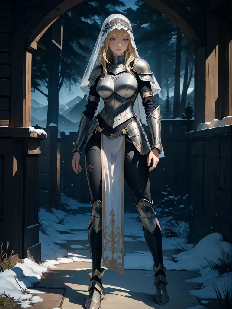 ((1girl, solo)), beautiful body, (perfect anatomy, perfect body, perfect hands, perfect legs), (five fingers:1.5), natural proportions, sexy body, large breasts, cowboy shot BREAK
((extremely detailed face)), (beautiful detailed eyes:1.6), (realistic pupils, realistic iris:1), expressive eyes, looking at viewer, (clear eyes:1.3), (hyperrealistic:1.2), (detailed skin texture:1.2), smooth skin, (blonde hair:1.5), blue eyes, long hair, (detailed lips:1.2), (attractive lips:1.1), (glossy lips:1.1), (grin), perfect face, perfect eyes BREAK
female knight, (veil:1.5), long sleeves, (armor:1.5), (breastplate:1.5), (shoulder armor:1.2), (arm guard:1.3), armor gloves, (black pants:1.5), skin tight, (((pelvic curtain))), (greaves:1.3), armored boots, belt BREAK
(outdoors:1.5), (day:1.3), nature, (winter:1.3), trees, (shade of trees:1.2), (snow), mountain range, medieval BREAK
(masterpiece:1.5), anime-style, top quality, best quality, (beautiful and aesthetic:1.2), (ultra detail:1.5), Ultra-detailed depiction, Ultra-precise depiction, extremely detailed 8k illustration, high resolution, (highly detailed shading:1.2), (realistic lighting:1.4), perfect lighting, vibrant colors, dynamic tones, striking hues, 8k, absurd resolution, perfect shadows, hdr, UHD, ambient lighting, realistic, ultra-realistic, photo realistic, highly detailed, rich detail, luminous colors, fine texture, intricate design, professional illustration, (soft light:1.2), (illustration:0.7)