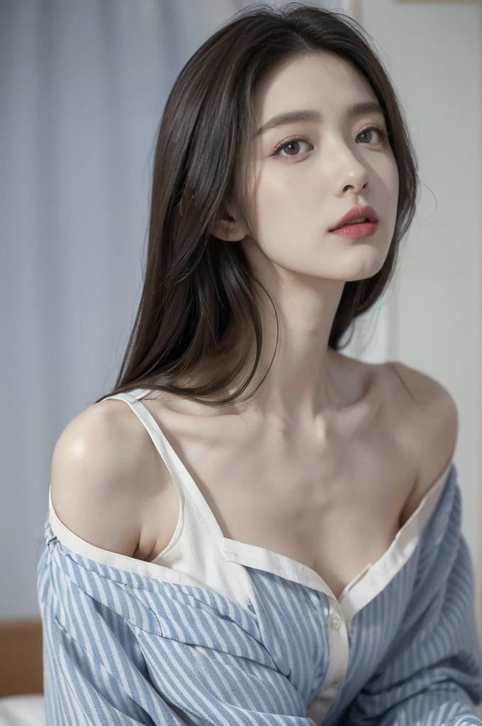 (((best quality))), (((ultra detailed))), (((masterpiece))), illustration,((a fragile and beautiful young girl,solo)),((slim,thin)),((shoulder off,bare back,towering hips,butt crack)),((sitting on a hospital bed)),(vertical striped blue and white collared pajama shirt:1.3), ethereal appearance,(shoulder length straight bob hair:1.2),((close eyes,open mouth,female orgasmic,blush,ahegao)),delicate features, expressive eyes, porcelain skin, worried expression, vertical stripes on the gown, loose fit, slender fingers, polished nail polish, clinical examination room, faded walls, doctors' cart, stainless steel, hospital backdrop, stark contrasts, cold environment, warmth and vulnerability, poignant moment, moving image,((from back,upper body)),