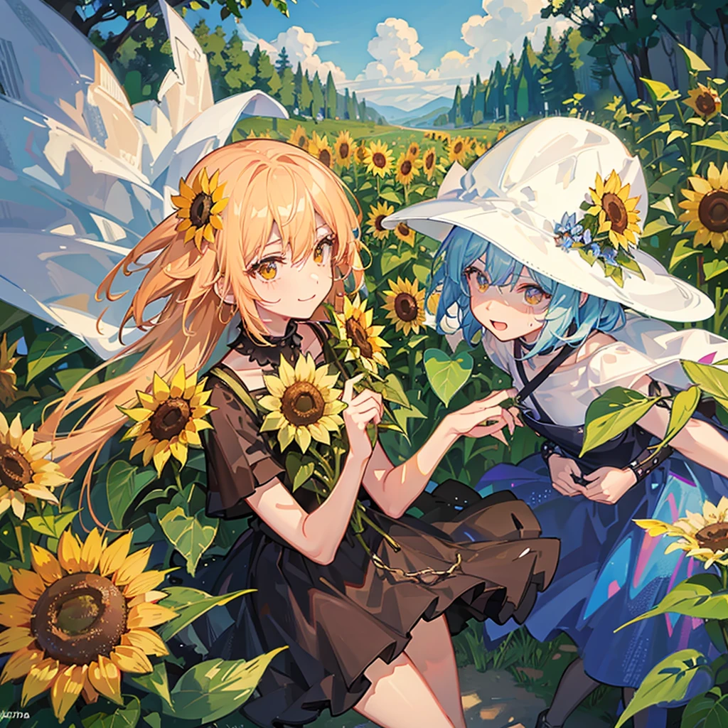 Midsummer,very hot,Sweating,Have a fan,Wind chimes ring,A wonderful space,Sunflowers bloom,Lots of sunflowers,One cute girl