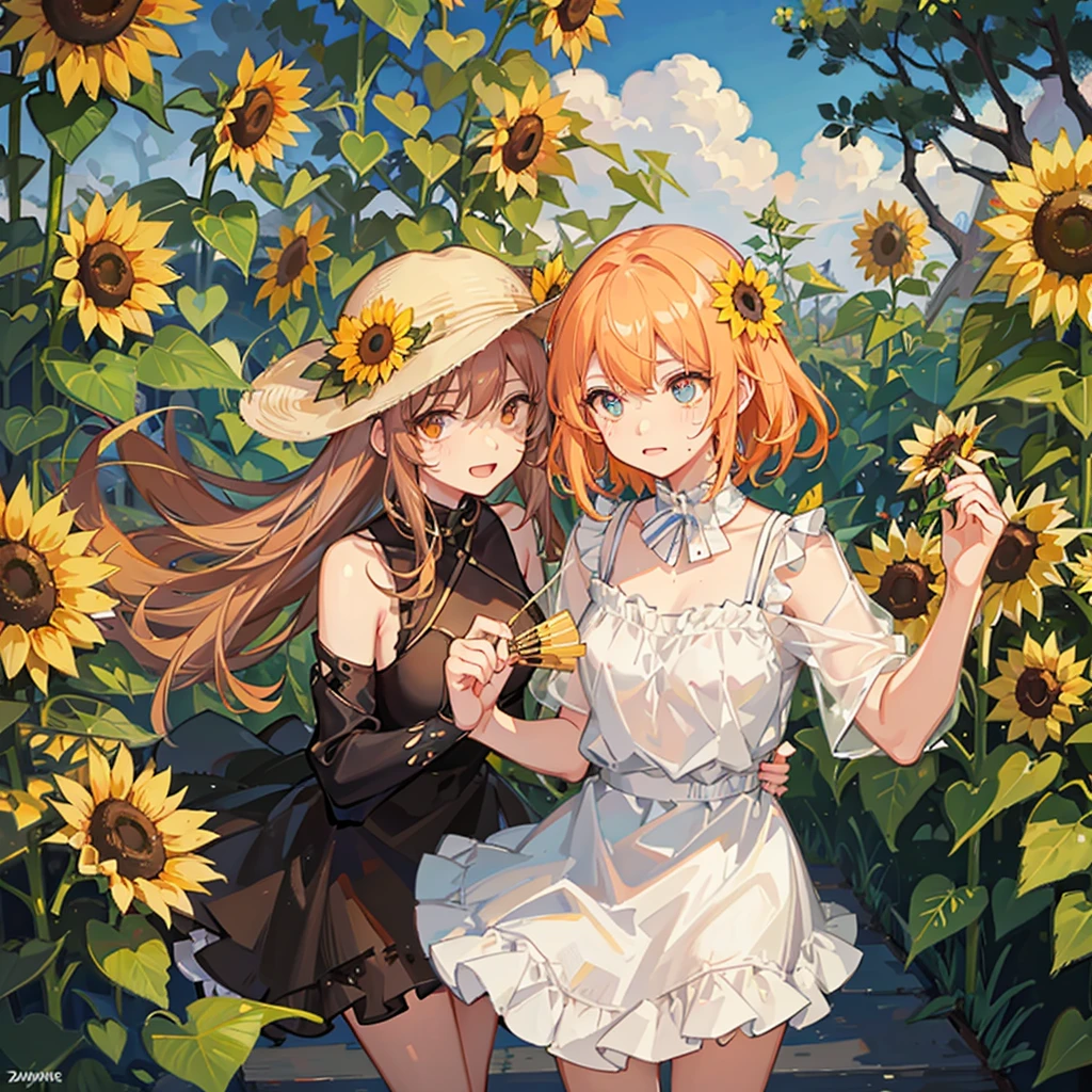 Midsummer,very hot,Sweating,Have a fan,Wind chimes ring,A wonderful space,Sunflowers bloom,Lots of sunflowers,One cute girl