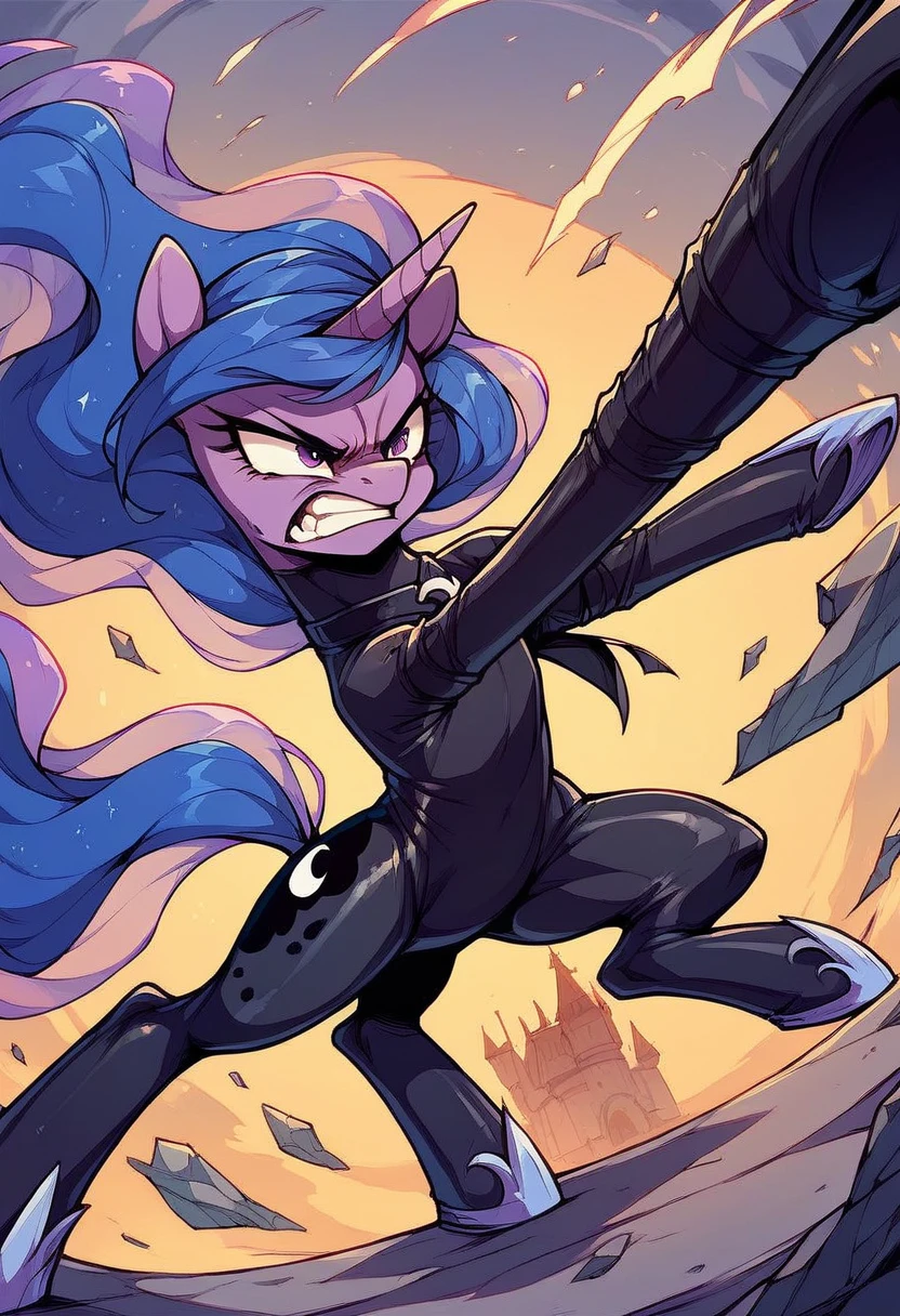 Pony  luna   angry Black LaTeX costiumme in the castle Black. Fight Twilight sparkle 