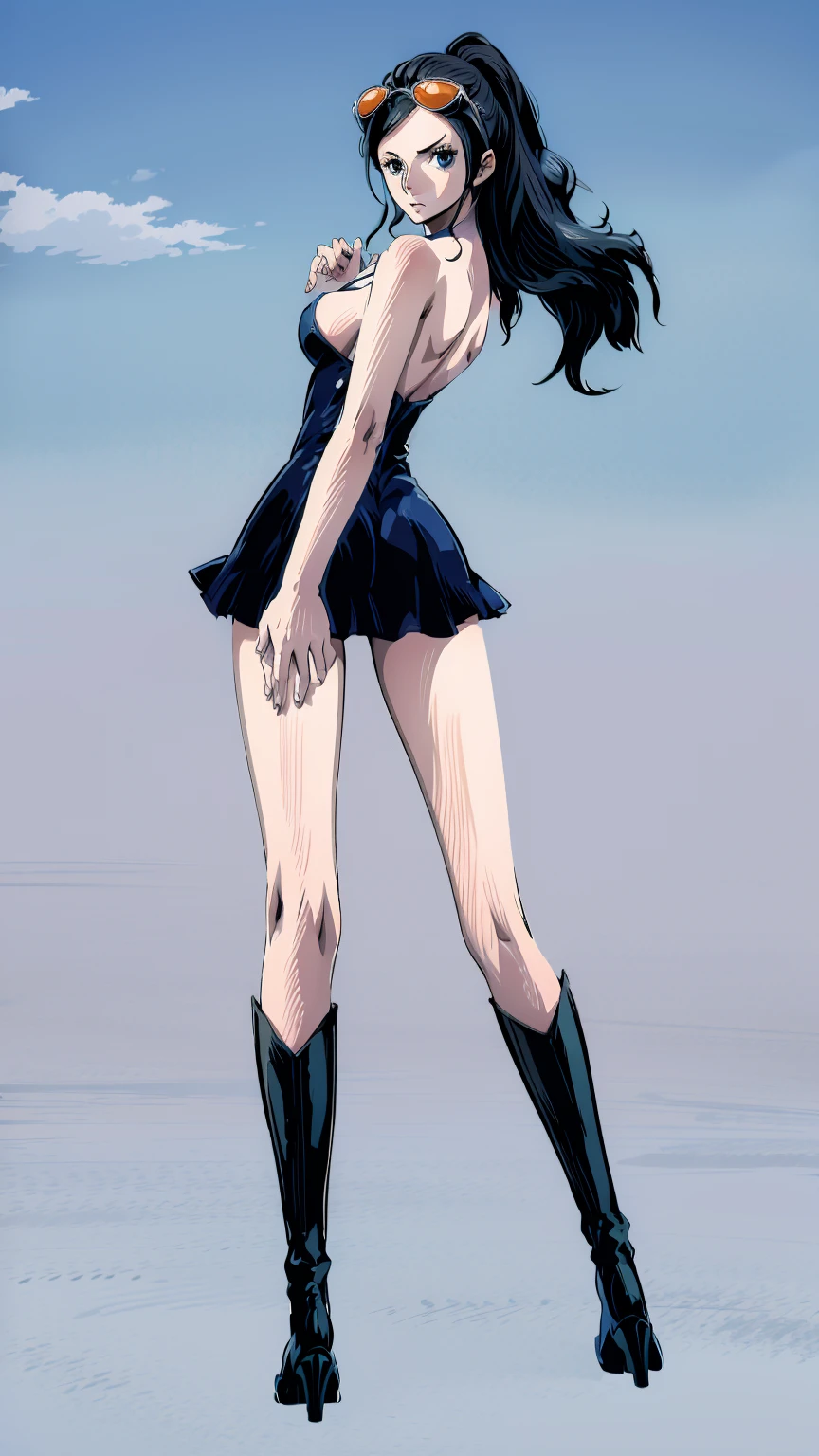 1girl, solo, boots, eyewear on head, black hair, dress, high heels, sunglasses, short dress, long hair, looking back, breasts, ponytail, nico robin, legs，medium_breasts，sideboob