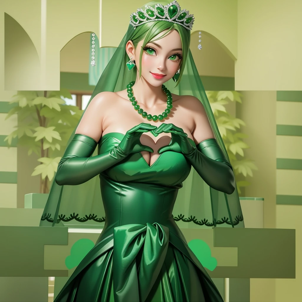 Emerald tiara, Green Pearl Necklace, ボーイッシュな非常に短いGreen Hair, Green Lips, Smiling Japanese woman, Very short hair, Busty beautiful lady, Green Eyes, Green satin long gloves, Green Eyes, Emerald Earrings, Green veil, Heart with both hands, Green Hair, Beautiful Japanese Women, Heart shaped hands:1.3, green lip gloss
