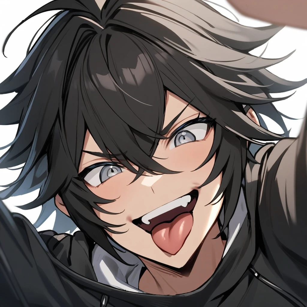 ung boy, Bblack hair, gray eyes, black leather sweatshirt, white undershirt,fone gamer preto, corner smile, showing the tongue, tilted face, White background, dynamic angle