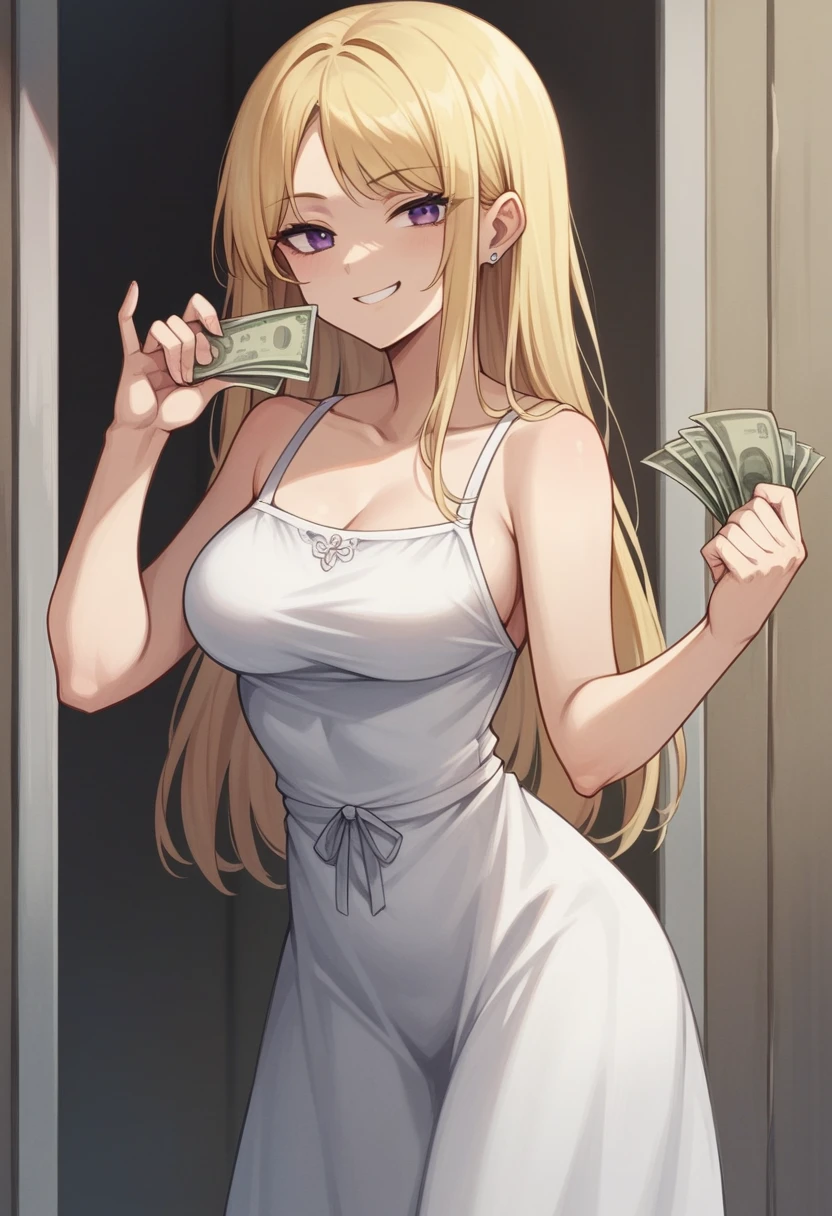 best quality, masterpiece, super high resolution, perfect anatomy, 1girl, blonde hair, long hair, hair_behind_ear, parted_bangs, single sidelock, short bangs, purple eyes, medium , teenage86cm, W:55cm, H:83cm, absurdes, sundress, smug, holding money, drinking juice