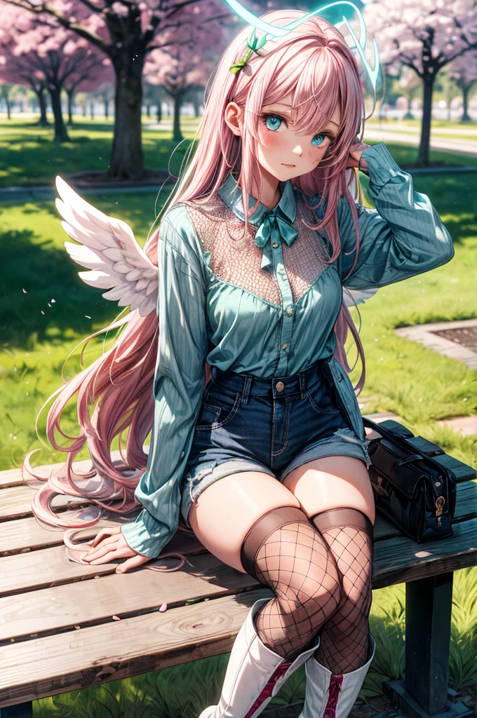 A girl with long pink hair. With one blue eye and one pink, having a burn on his pink eye. With a mint green long sleeve blouse. With white denim shorts, Fishnet stockings and high white boots. With small angel wings, on the back and head with haloes. She sitting on a bench in a park with cherry trees 