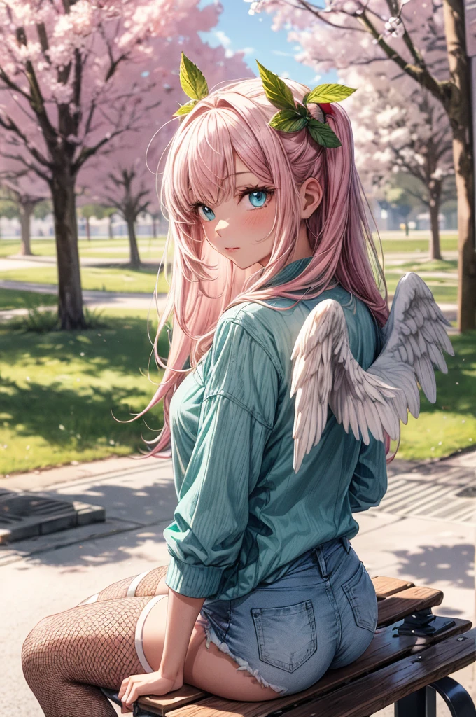 A girl with long pink hair. With one blue eye and one pink, having a burn on his pink eye. With a mint green long sleeve blouse. With white denim shorts, Fishnet stockings and high white boots. With small angel wings, on the back and head with haloes. She sitting on a bench in a park with cherry trees