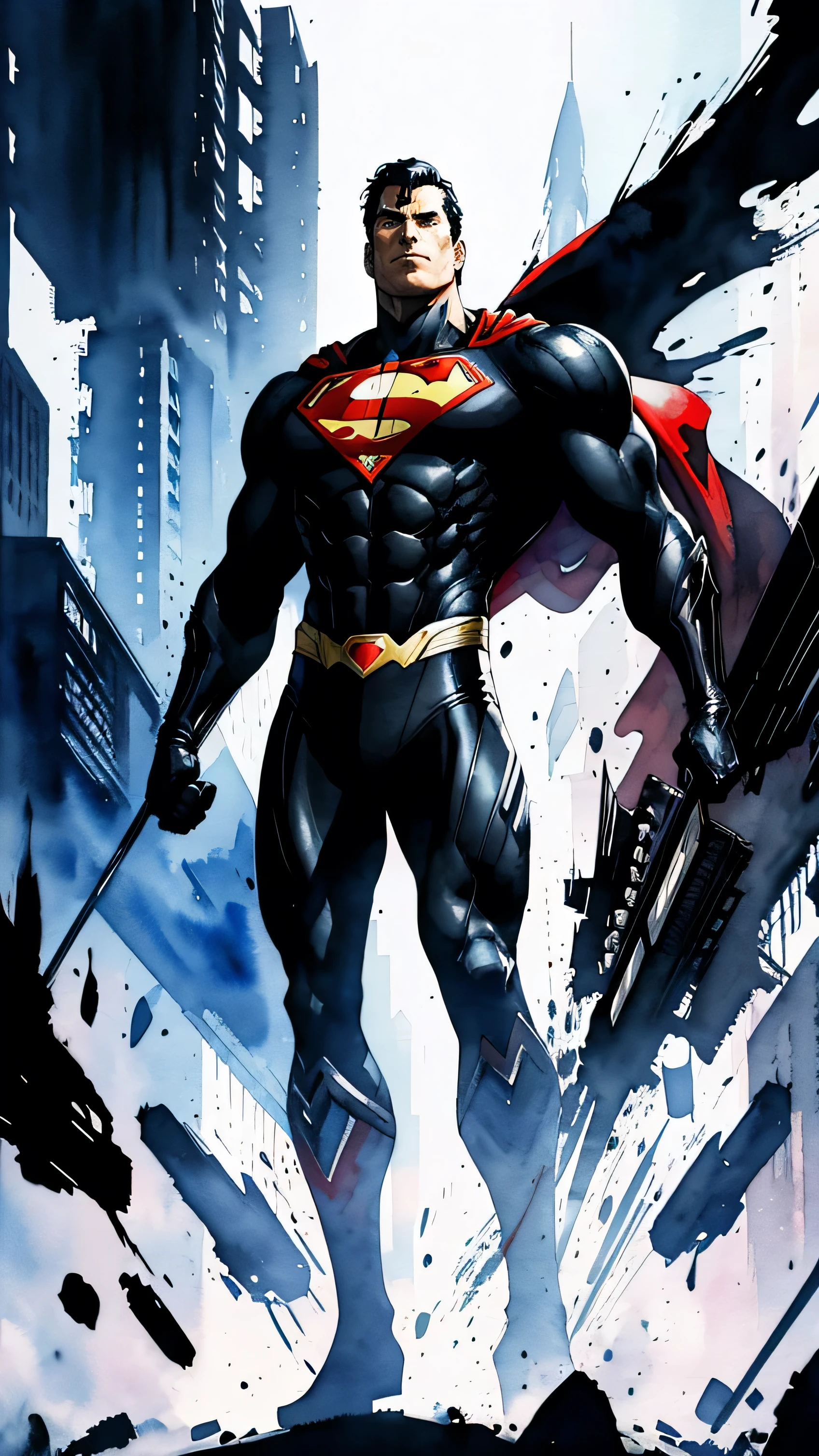Evil Superman, closed mouth, lasers from eyes, looking at viewer, full body covered in black suit from syndercut, standing pose, powerful aura, from below, fantasy, high contrast, ink strokes, explosions, over exposure, impression , abstract, ((watercolor painting by John Berkey and Jeremy Mann)), brush strokes, negative space, good anatomy, good proportions, good architecture, realistic:1.25, cantered, high detail, high resolution, 8k, stunning, mascular body, Style-Hamunaptra:0.4,