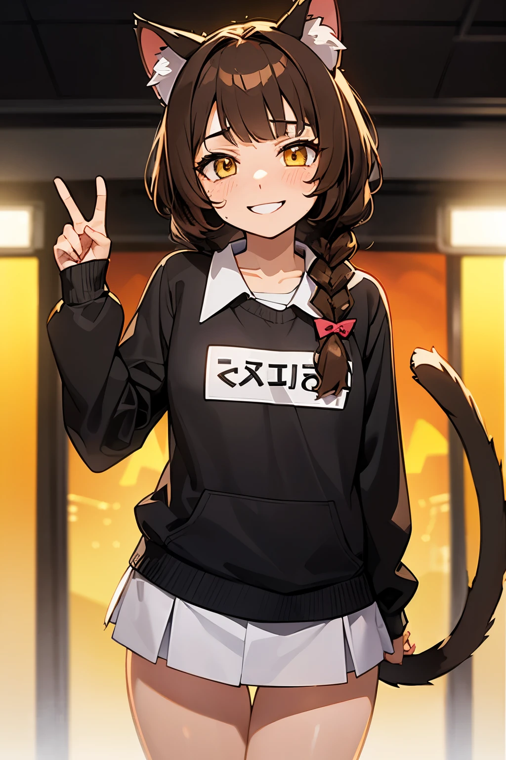 .......... , horny lusty smile Cat girl ( cat ears medium length brown hair with one 1 short braid, brown cat tail, yellow eyes, )))........ cinema worker uniform sells tickets to the cinema film