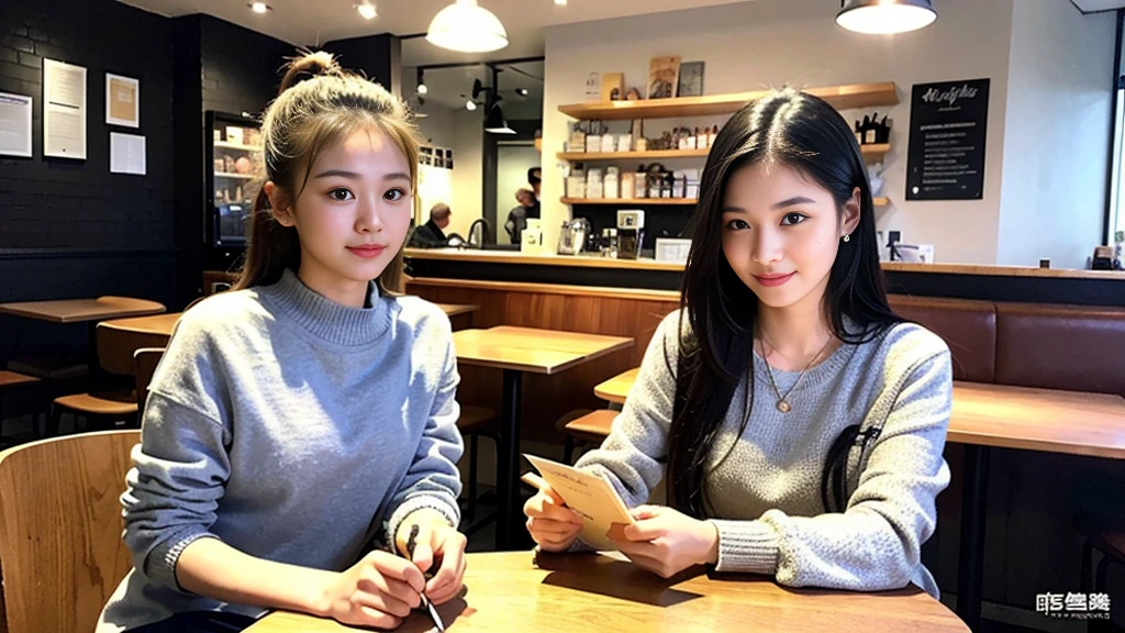 (最high quality、8K、32k、masterpiece:1.2)、A photo of a female college student who looks like a cute model、Normal chest、ponytail、Upper Body、Face Focus、Extra Large_High neck sweater、necklace、Looking at the audience、background a trendy coffee shop with a unique aesthetic and atmosphere. Incorporate elements like modern furniture, Artistic decoration, and ambient lighting to enhance the ambiance. People who enjoy drinks々Consider including, engaging in conversation, or quietly working on laptops. Let your creativity flow、In this chic café setting「StableDiffusion」Let the idea come to life, I can see that other customers are enjoying it too...。Inside the cafe、The staff are busy working at the counter..、Feel the vibrancy and warmth of an urban café..., Sharp focus, 1 Girl, Sexy 1.2, Black Hair,  Beautiful Eyes, 切れ長のBeautiful Eyes, double eyelid, (How much is it), (cute Face), cute Smile, (Shut your mouth.), (cute), Soft Skin, Surreal, Very detailed, high quality, (Beautiful female college student reading a book in a cafe), ((Detailed very cute college girl), 