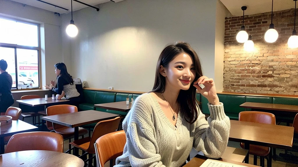 (最high quality、8K、32k、masterpiece:1.2)、A photo of a female college student who looks like a cute model、Normal chest、ponytail、Upper Body、Face Focus、Extra Large_High neck sweater、necklace、Looking at the audience、background a trendy coffee shop with a unique aesthetic and atmosphere. Incorporate elements like modern furniture, Artistic decoration, and ambient lighting to enhance the ambiance. People who enjoy drinks々Consider including, engaging in conversation, or quietly working on laptops. Let your creativity flow、In this chic café setting「StableDiffusion」Let the idea come to life, I can see that other customers are enjoying it too...。Inside the cafe、The staff are busy working at the counter..、Feel the vibrancy and warmth of an urban café..., Sharp focus, 1 Girl, Sexy 1.2, Black Hair, Beautiful Eyes, 切れ長のBeautiful Eyes, double eyelid, (How much is it), (cute Face), cute Smile, (Shut your mouth.), (cute), Soft Skin, Surreal, Very detailed, high quality, (Beautiful female college student reading a book in a cafe), ((Detailed very cute college girl),