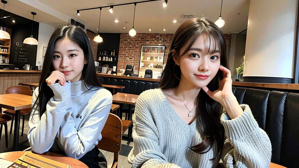 (最high quality、8K、32k、masterpiece:1.2)、A photo of a female college student who looks like a cute model、Normal chest、ponytail、Upper Body、Face Focus、Extra Large_High neck sweater、necklace、Looking at the audience、background a trendy coffee shop with a unique aesthetic and atmosphere. Incorporate elements like modern furniture, Artistic decoration, and ambient lighting to enhance the ambiance. People who enjoy drinks々Consider including, engaging in conversation, or quietly working on laptops. Let your creativity flow、In this chic café setting「StableDiffusion」Let the idea come to life, I can see that other customers are enjoying it too...。Inside the cafe、The staff are busy working at the counter..、Feel the vibrancy and warmth of an urban café..., Sharp focus, 1 Girl, Sexy 1.2, Black Hair,  Beautiful Eyes, 切れ長のBeautiful Eyes, double eyelid, (How much is it), (cute Face), cute Smile, (Shut your mouth.), (cute), Soft Skin, Surreal, Very detailed, high quality, (Beautiful female college student reading a book in a cafe), ((Detailed very cute college girl), 