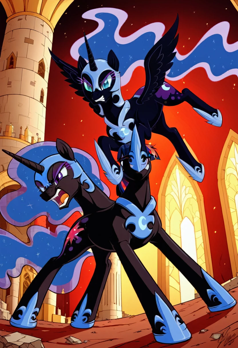 Pony nightmare moon  angry Black LaTeX costiumme in the castle Black. Fight Twilight sparkle 