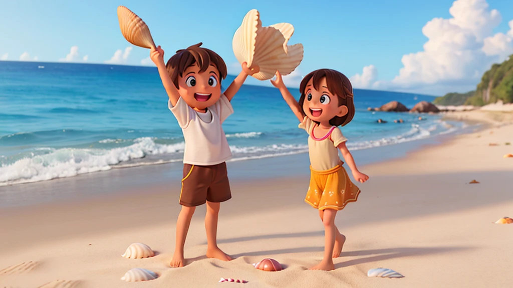 Generate an AI image of a sunny beach scene with gentle waves and seashells scattered on the sand, showing a brown haired girl excitedly holding up a seashell and a brown haired boy admiring it with a smile.