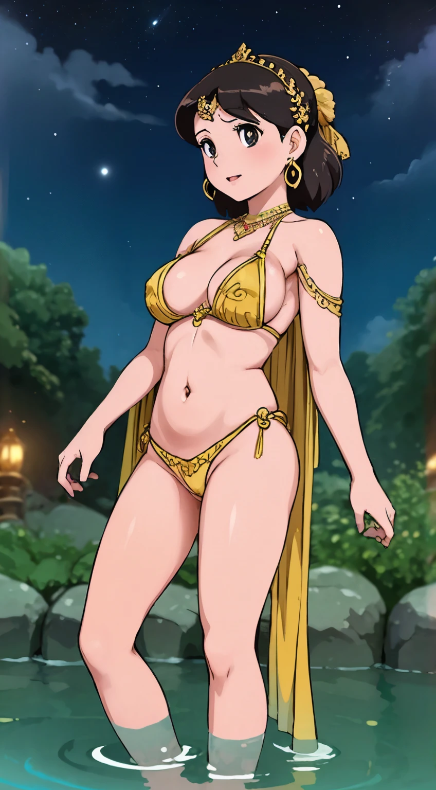 Gemma Arterton as radha, beautiful gopi woman, swimming in a river, front view, gold armbands , large breasts, nude pussy visible, ornate dupatta in hand, submerged in the ganga river, full moon in background, full body view, moonlit night, photorealistic, 4k image