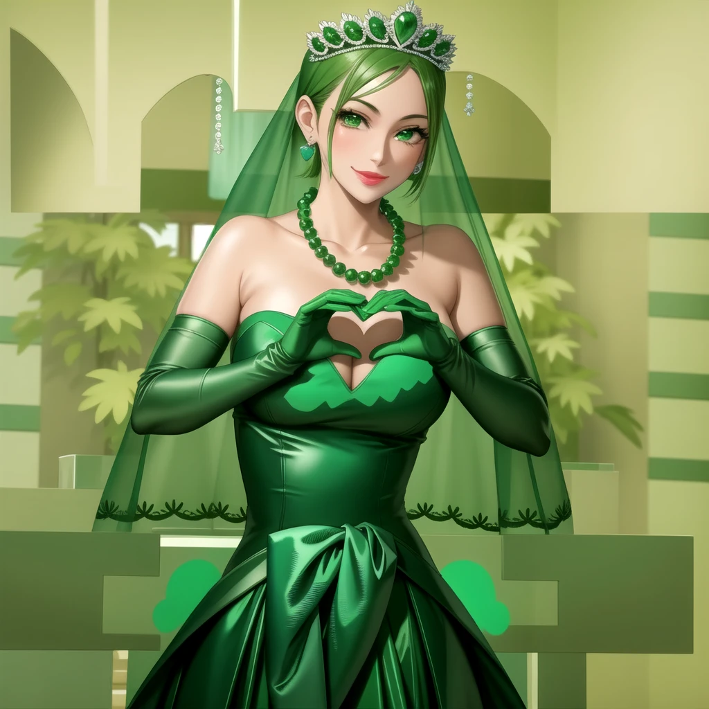 Emerald tiara, Green Pearl Necklace, ボーイッシュな非常に短いGreen Hair, Green Lips, Smiling Japanese woman, Very short hair, Busty beautiful lady, Green Eyes, Green satin long gloves, Green Eyes, Emerald Earrings, Green veil, Heart with both hands, Green Hair, Beautiful Japanese Women, Heart shaped hands:1.3, green lip gloss