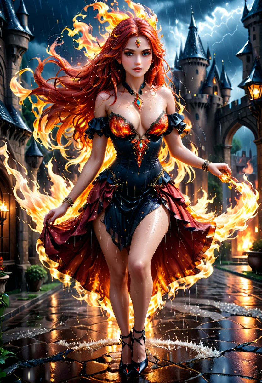 (a photorealistic portrait of a sorceress of fire making fire dance in a storm of rain: 1.5), a most exquisite beautiful sorceress, controlling fire manipulating fire, a woman, dynamic hair color, dynamic hair style, (most beautiful face: 1.3), (ultra detailed face: 1.2), wet hair, wet face, dynamic eyes color, full body shot, wearing dress made of fire, wearing intricate high heels, light make up, dancing in courtyard of a fantasy castle background, ((heavy rain drops: 1.1)), clouds in the sky, (anatomically correct: 1.4), (full body shot: 1.1) , vibrant, Ultra-high resolution, High Contrast, (masterpiece:1.5), highest quality, Best aesthetics), best details, best quality, highres, ultra wide angle, 16k, [ultra detailed], masterpiece, best quality, (extremely detailed), faize, Intense gaze, Cinematic Hollywood Film