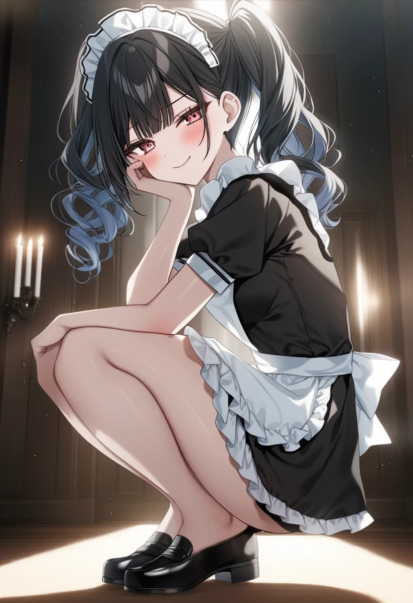 Prompt: 1girl, ciloranko:1.1, taya oco, oekakizuki, smooth lighting, semi-realistic, unreal engine lighting, anime screencap, official art, absurdres, best quality, perfect anatomy, newest, new, blue archive, kazusa \(bluearchive\), black hair, blush, breasts, thighs, parted to one side, blunt bangs, glossy hair, moist skin, glossy skin, delicate details, smooth, 18 years old, adult woman, hair behind ear, medium breasts, from side, full body, squatting, looking at viewer, own hand on face resting on her cheek, twintails, wavy hair, black hair, medium length, maid, white head dress, black loafers, smug smile, closed mouth, brown eyes, content expression, half-lidded eyes, mature_female, lustful body, half-closed eyes, adoring gaze, indoors, solo, light particles, solar flare, depth perception, alternate costume, white apron, frilled apron, puffy short sleeves, short sleeves, black dress, maid outfit, one hand resting at her side, from below