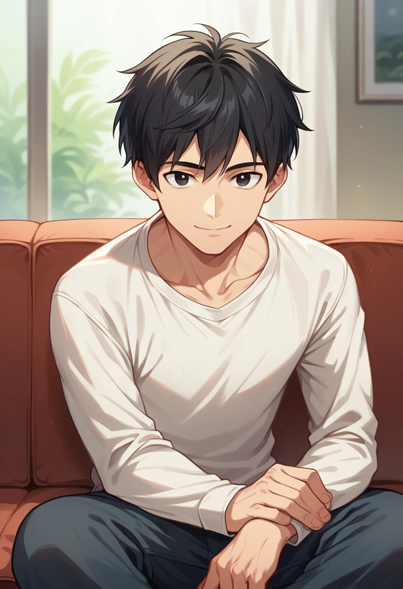 1boy, Accurate describe shapes, collarbone, straight hair, short hair, black hair, black eyes, sweater, pants, solo, close-up, solo, sitting, sofa, indoors, looking at viewer, smile