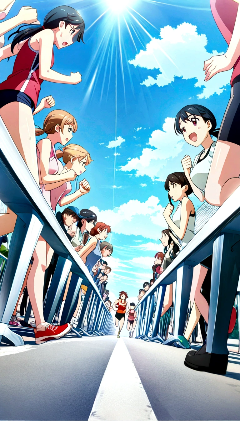 score 9, source anime, wide shot, multiple girls, Women marathoners running on the road while the roadside is packed with spectators, dynamic angle, perfect face, playful expression, low ponytail, sweat, outdoor, blue sky, shiny day, dramatic lighting, cinematic, best quality, 8k, masterpiece, ultra-detailed,