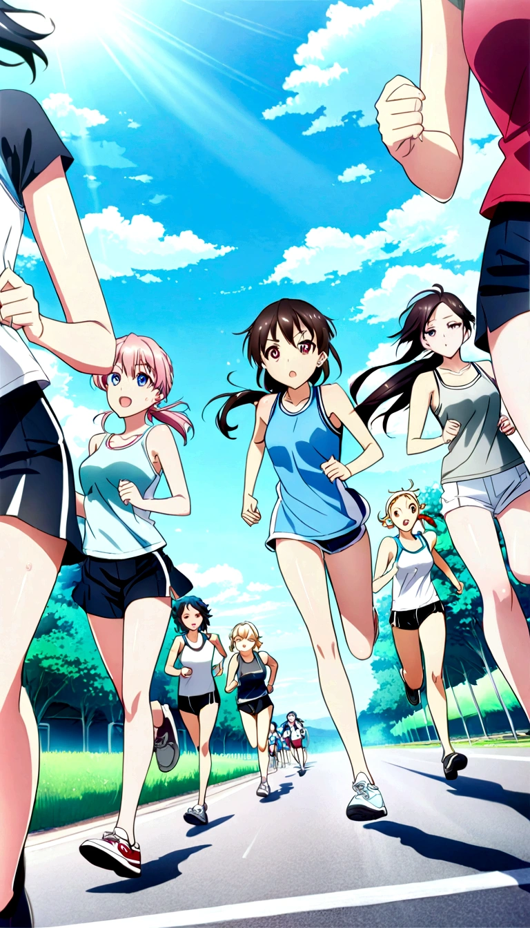 score 9, source anime, wide shot, multiple girls, Women marathoners running on the road while the roadside is packed with spectators, dynamic angle, perfect face, playful expression, low ponytail, sweat, outdoor, blue sky, shiny day, dramatic lighting, cinematic, best quality, 8k, masterpiece, ultra-detailed,