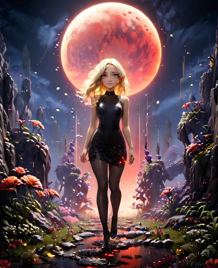 Garden, (((((Flowers emitting blue and red light))))), Path in the middle of the garden, Collapsed walls, nigth, Full Moon, 1 blonde girl, Beautiful  Girl on the flowers, In a black tight dress