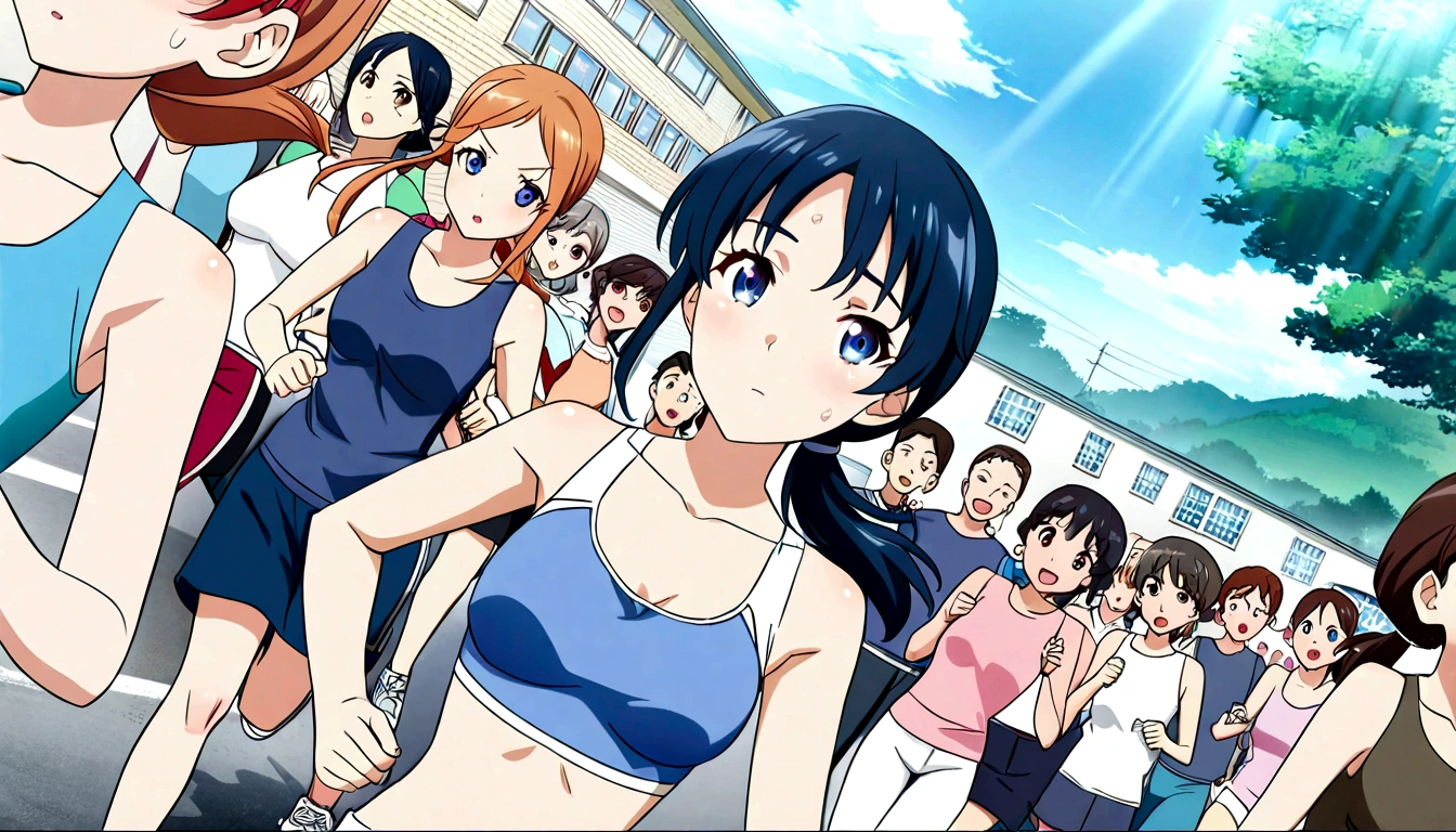 score 9, source anime, wide shot, multiple girls, Women marathoners running on the road while the roadside is packed with spectators, dynamic angle, perfect face, playful expression, low ponytail, sweat, outdoor, blue sky, shiny day, dramatic lighting, cinematic, best quality, 8k, masterpiece, ultra-detailed,