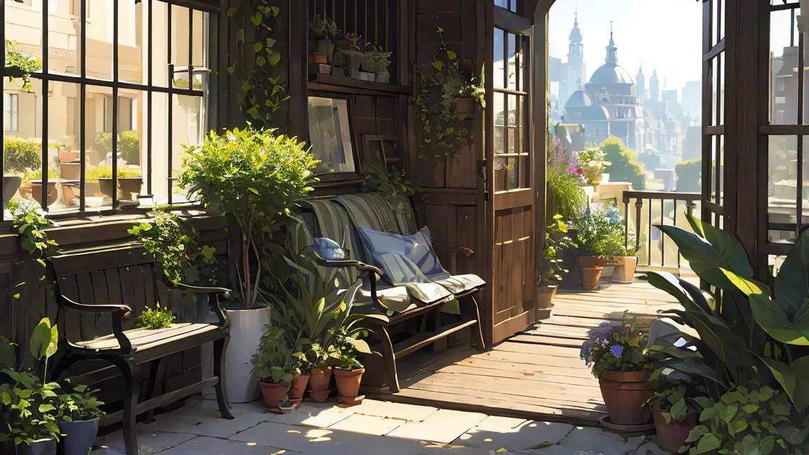 (Micro Landscape:1.5),(Highest quality), ((masterpiece)), (High resolution), figure, original, Highly detailed wallpaper, No humans, window, scenery, plant, water, potted plant, outdoors, building, door, Home, flower pot, Day, Lily Pad, Chair, flower, table, stage, watermark, Have, wood, Daylight, Pool, Grass, indoors, reflection, lamp, balcony, Black Hat, Bush, zero, handrail, machine, open window, shelf, leaf, Book, Web address, Copyright Name, ladder, architecture, Shadow, alone, Day included, Grape wood, flower vase, city, Cafe, lanthanum, bucket, Remains, bench, shop, sign, moss, boat, Barrel, river,